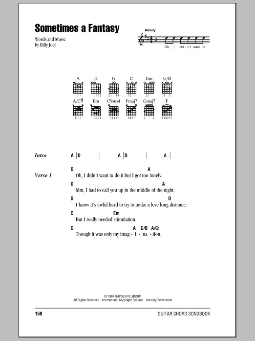 Billy Joel Sometimes A Fantasy sheet music notes and chords arranged for Piano, Vocal & Guitar Chords (Right-Hand Melody)