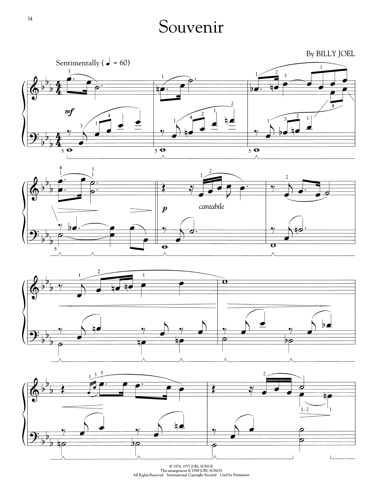 Billy Joel Souvenir (arr. Phillip Keveren) sheet music notes and chords arranged for Easy Piano Solo