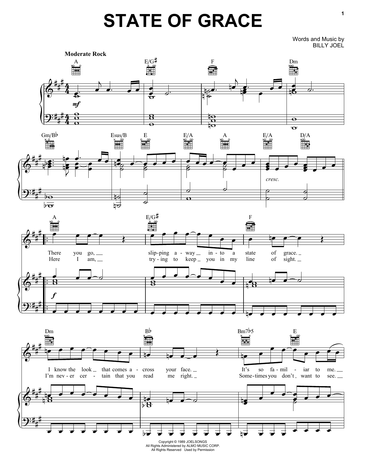 Billy Joel State Of Grace sheet music notes and chords arranged for Piano, Vocal & Guitar Chords (Right-Hand Melody)
