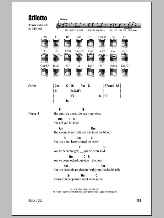 Billy Joel Stiletto sheet music notes and chords arranged for Piano Chords/Lyrics