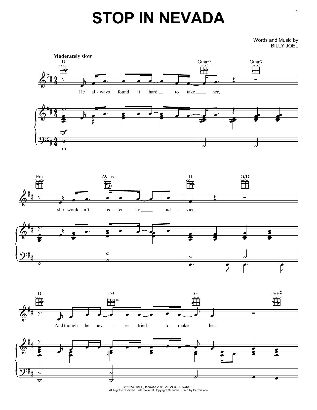 Billy Joel Stop In Nevada sheet music notes and chords arranged for Piano, Vocal & Guitar Chords (Right-Hand Melody)