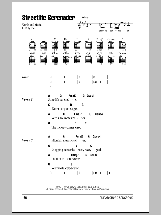 Billy Joel Streetlife Serenader sheet music notes and chords arranged for Guitar Chords/Lyrics