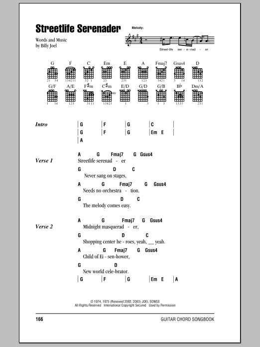 Billy Joel Streetlife Serenader sheet music notes and chords arranged for Piano Chords/Lyrics