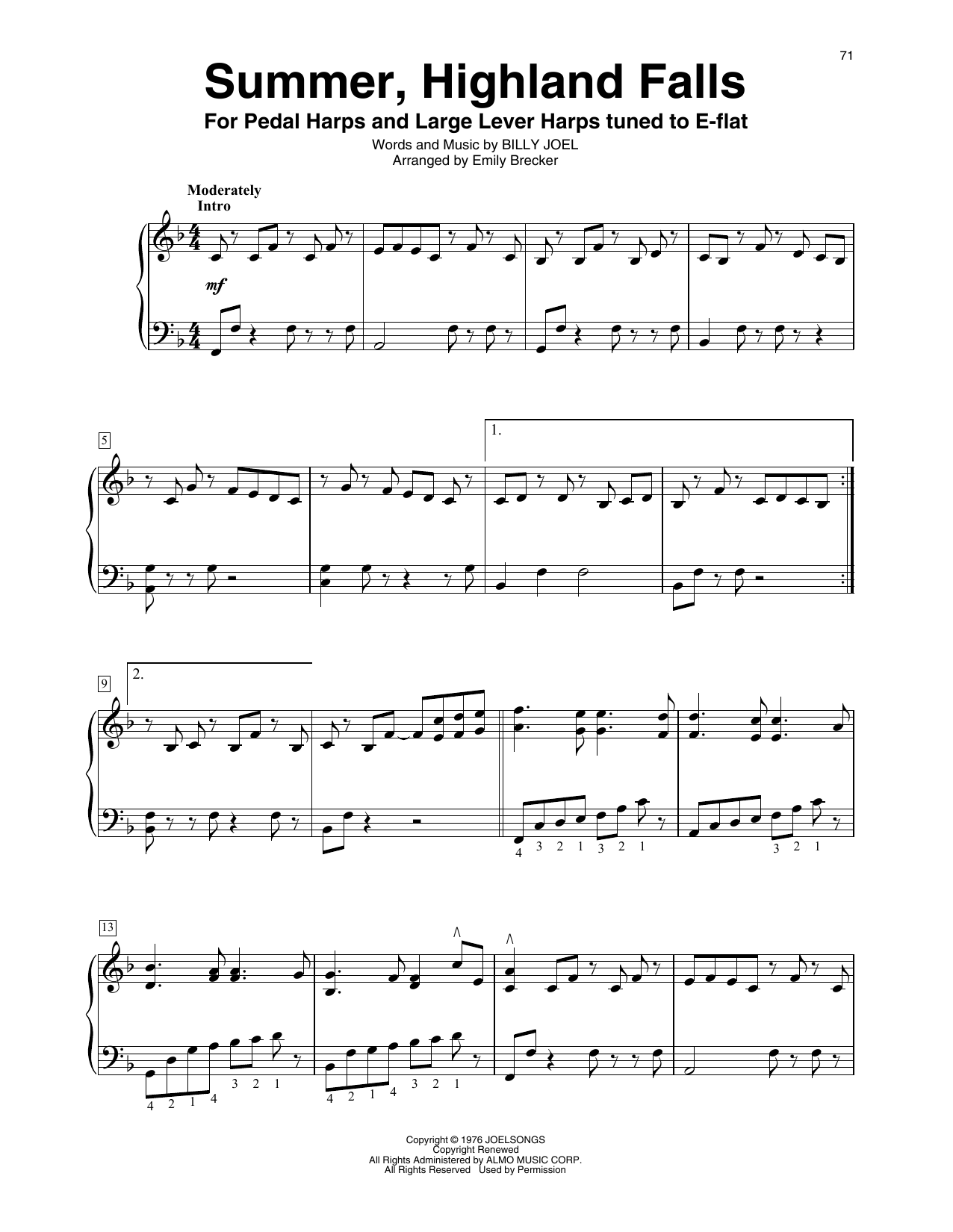 Billy Joel Summer, Highland Falls (arr. Emily Brecker) sheet music notes and chords arranged for Harp