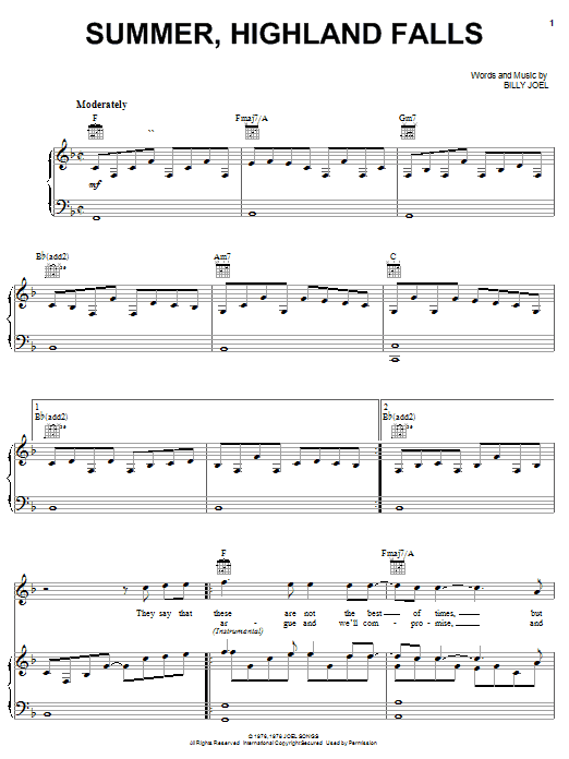 Billy Joel Summer, Highland Falls sheet music notes and chords arranged for Piano, Vocal & Guitar Chords (Right-Hand Melody)