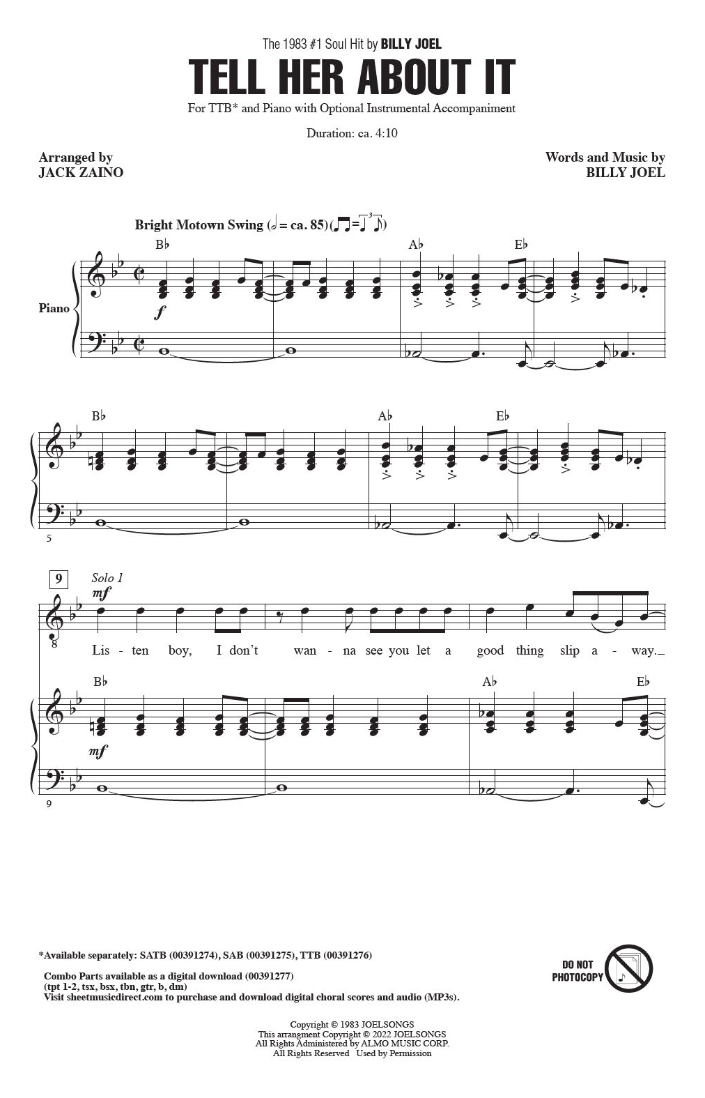 Billy Joel Tell Her About It (arr. Jack Zaino) sheet music notes and chords arranged for TTBB Choir