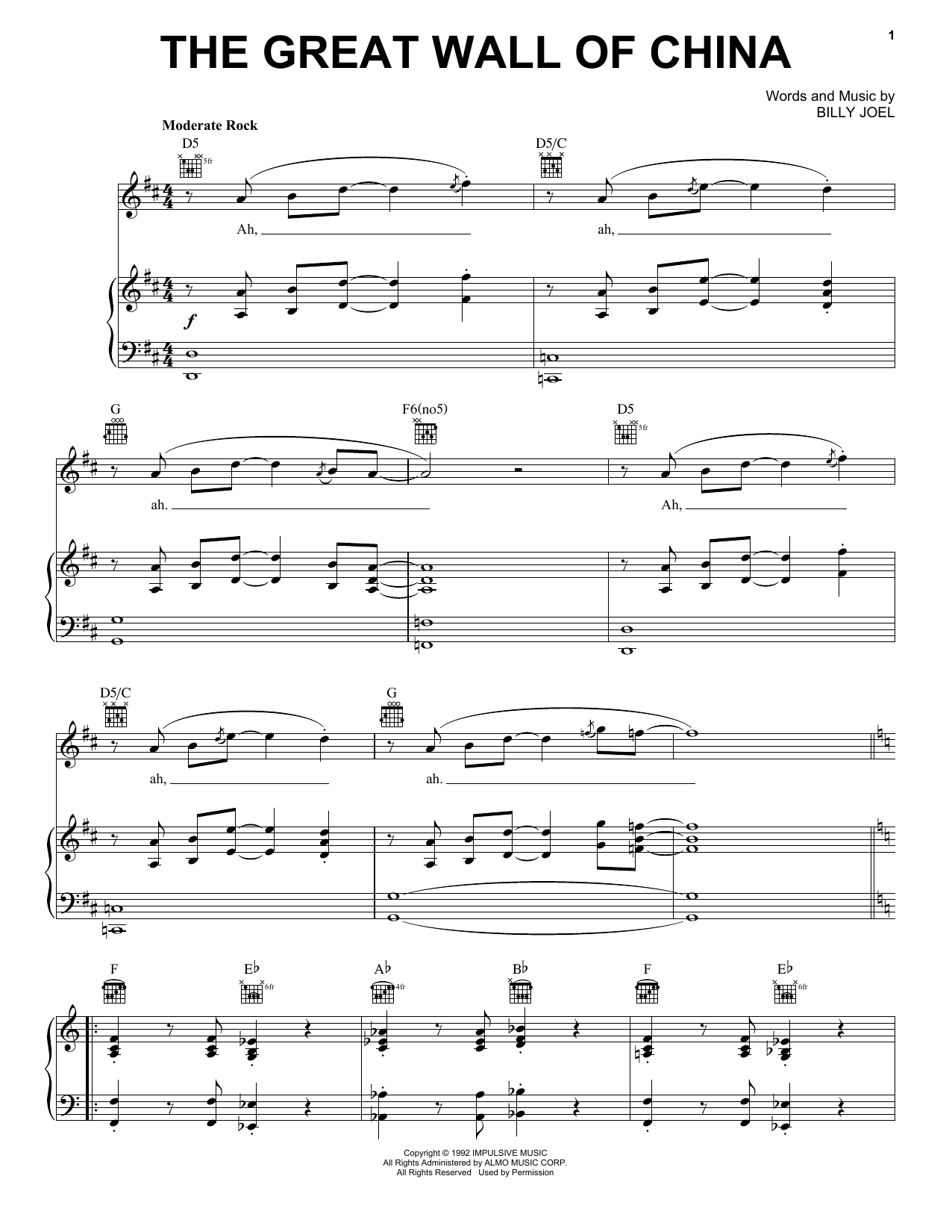 Billy Joel The Great Wall Of China sheet music notes and chords arranged for Piano, Vocal & Guitar Chords (Right-Hand Melody)