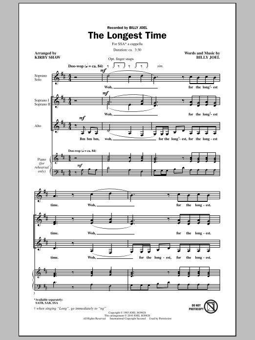 Billy Joel The Longest Time (arr. Kirby Shaw) sheet music notes and chords arranged for SSA Choir