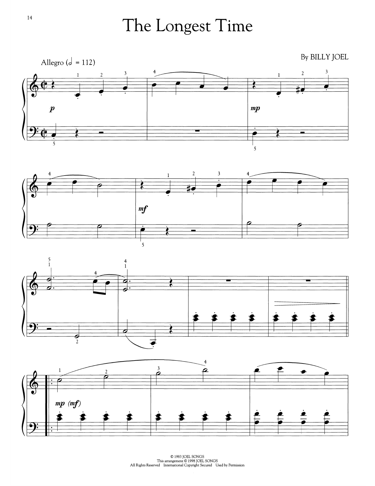 Billy Joel The Longest Time (arr. Phillip Keveren) sheet music notes and chords arranged for Easy Piano Solo