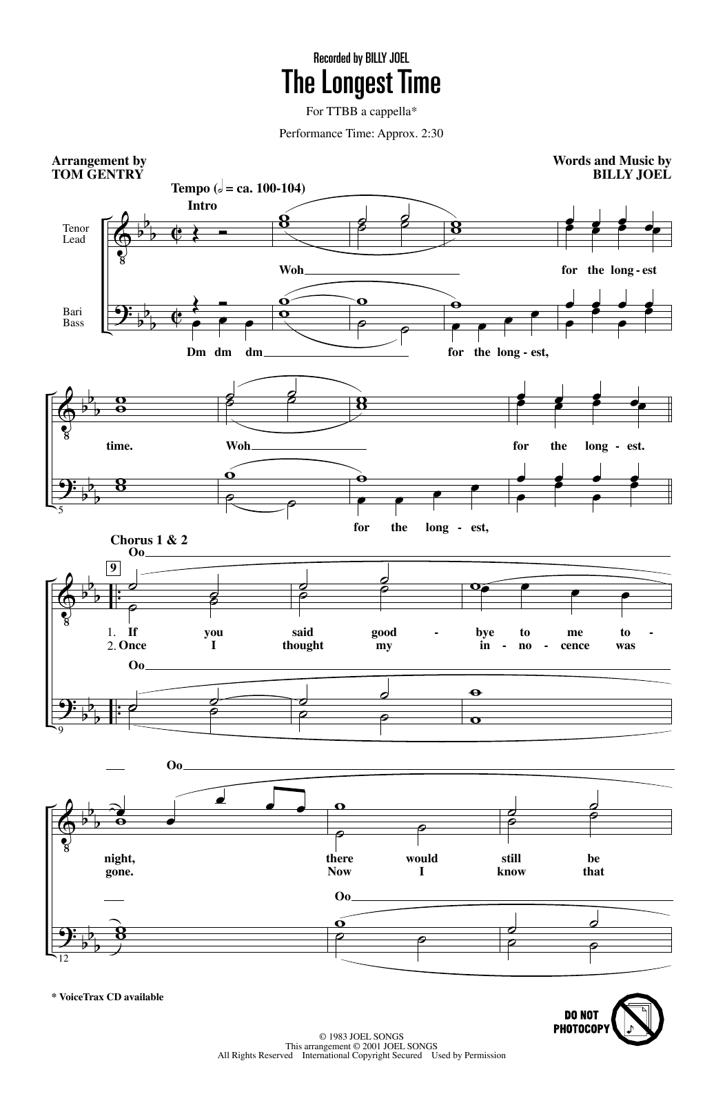 Billy Joel The Longest Time (arr. Tom Gentry) sheet music notes and chords arranged for TTBB Choir