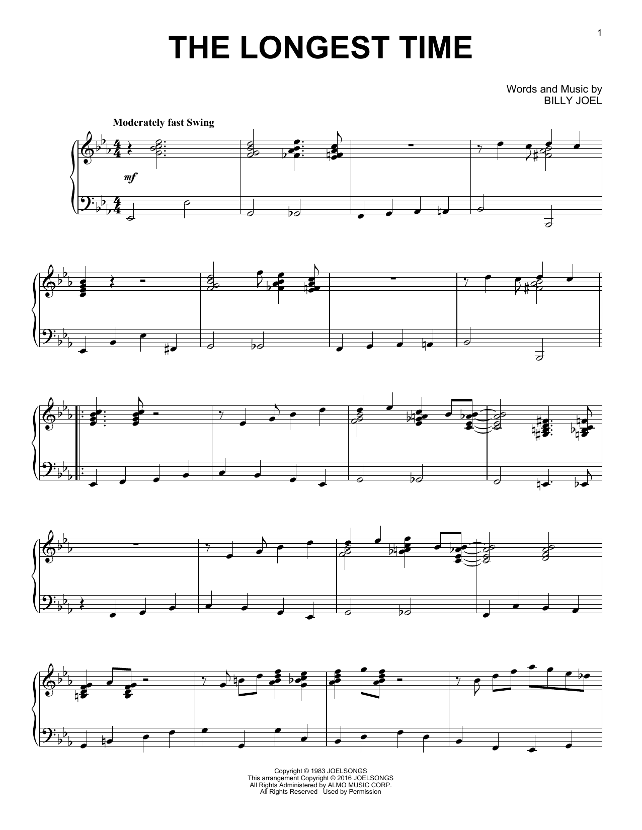 Billy Joel The Longest Time [Jazz version] sheet music notes and chords arranged for Piano Solo