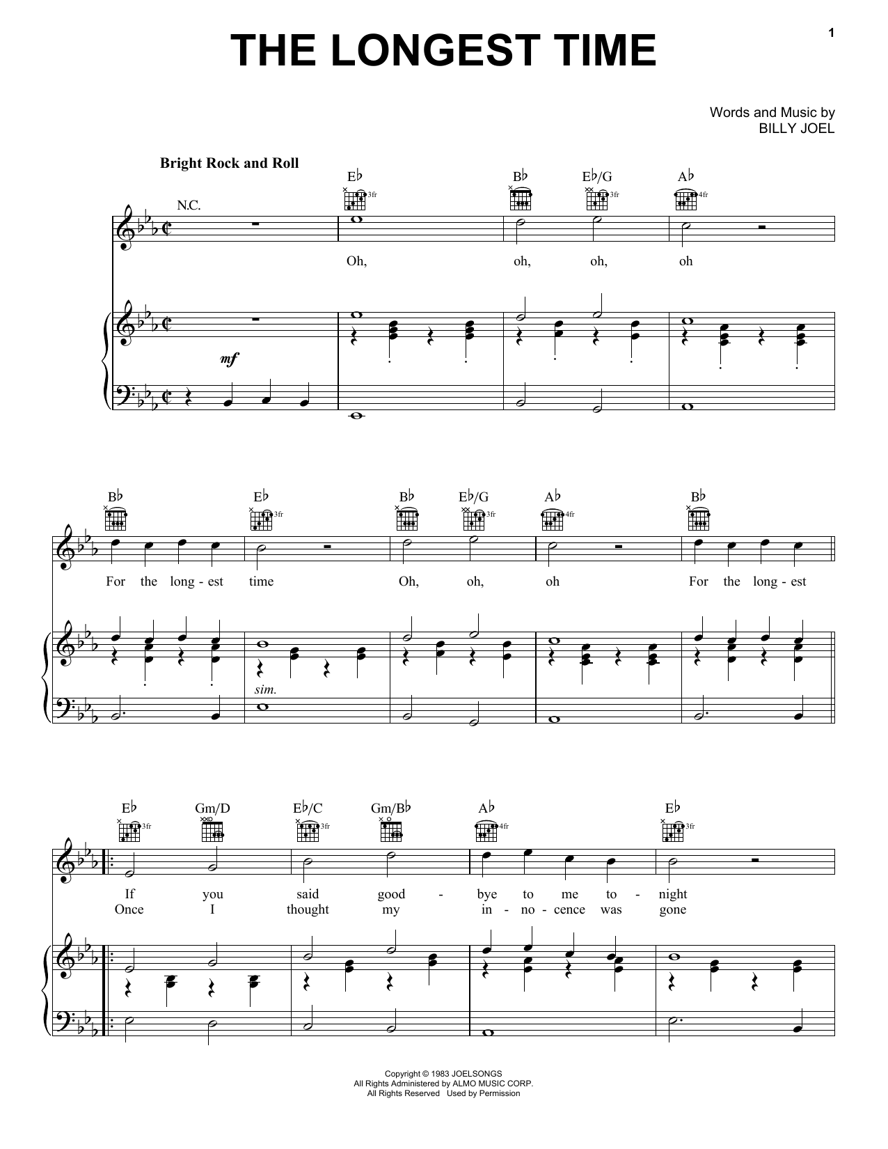 Billy Joel The Longest Time sheet music notes and chords arranged for Piano Chords/Lyrics