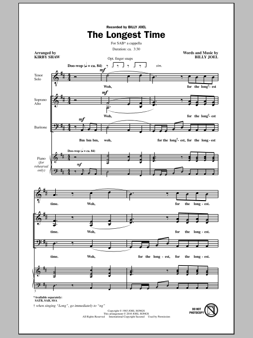 Billy Joel The Longest Time (SAB with Tenor Solo) (arr. Kirby Shaw) sheet music notes and chords arranged for SAB Choir