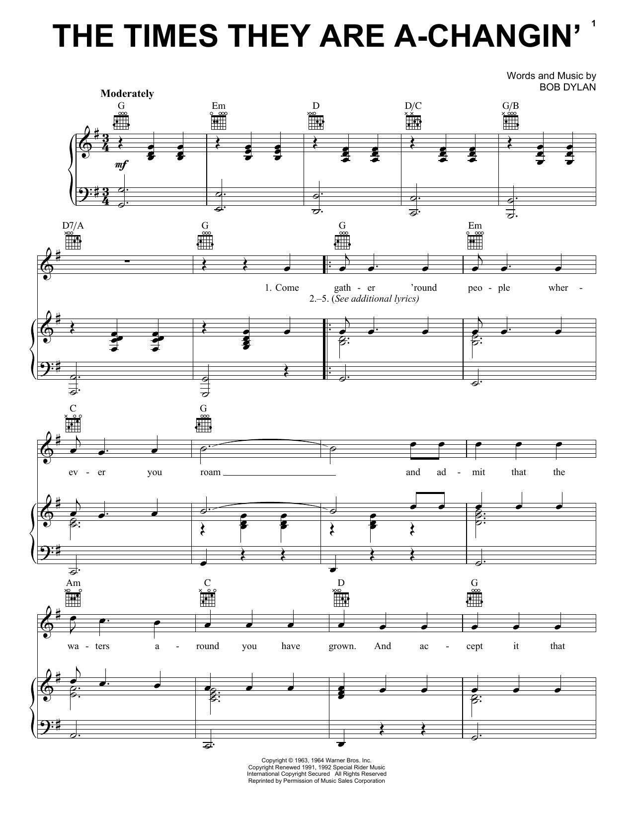 Billy Joel The Times They Are A-Changin' sheet music notes and chords arranged for Piano, Vocal & Guitar Chords (Right-Hand Melody)