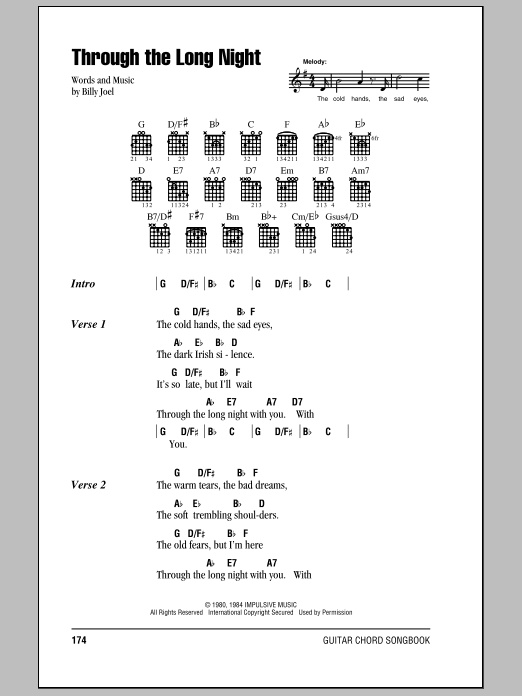 Billy Joel Through The Long Night sheet music notes and chords arranged for Piano, Vocal & Guitar Chords (Right-Hand Melody)