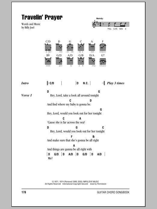 Billy Joel Travelin' Prayer sheet music notes and chords arranged for Piano, Vocal & Guitar Chords (Right-Hand Melody)