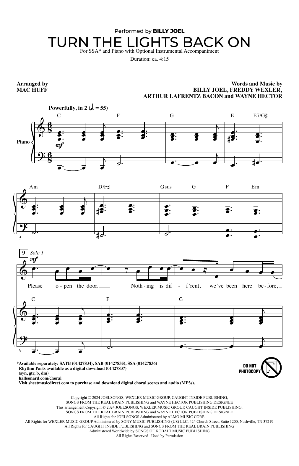 Billy Joel Turn The Lights Back On (arr. Mac Huff) sheet music notes and chords arranged for SSA Choir