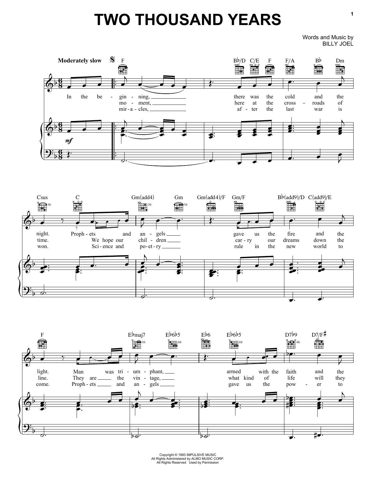 Billy Joel Two Thousand Years sheet music notes and chords arranged for Piano, Vocal & Guitar Chords (Right-Hand Melody)