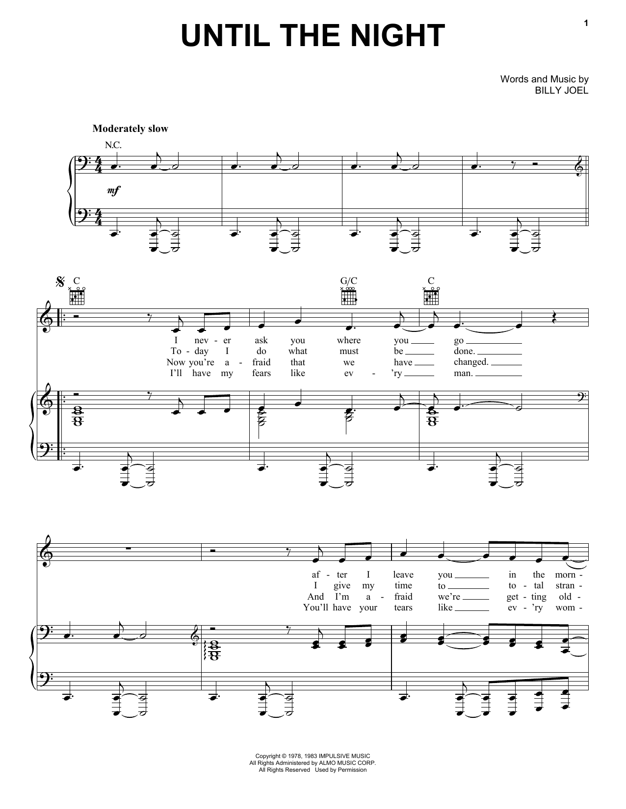 Billy Joel Until The Night sheet music notes and chords arranged for Piano, Vocal & Guitar Chords (Right-Hand Melody)