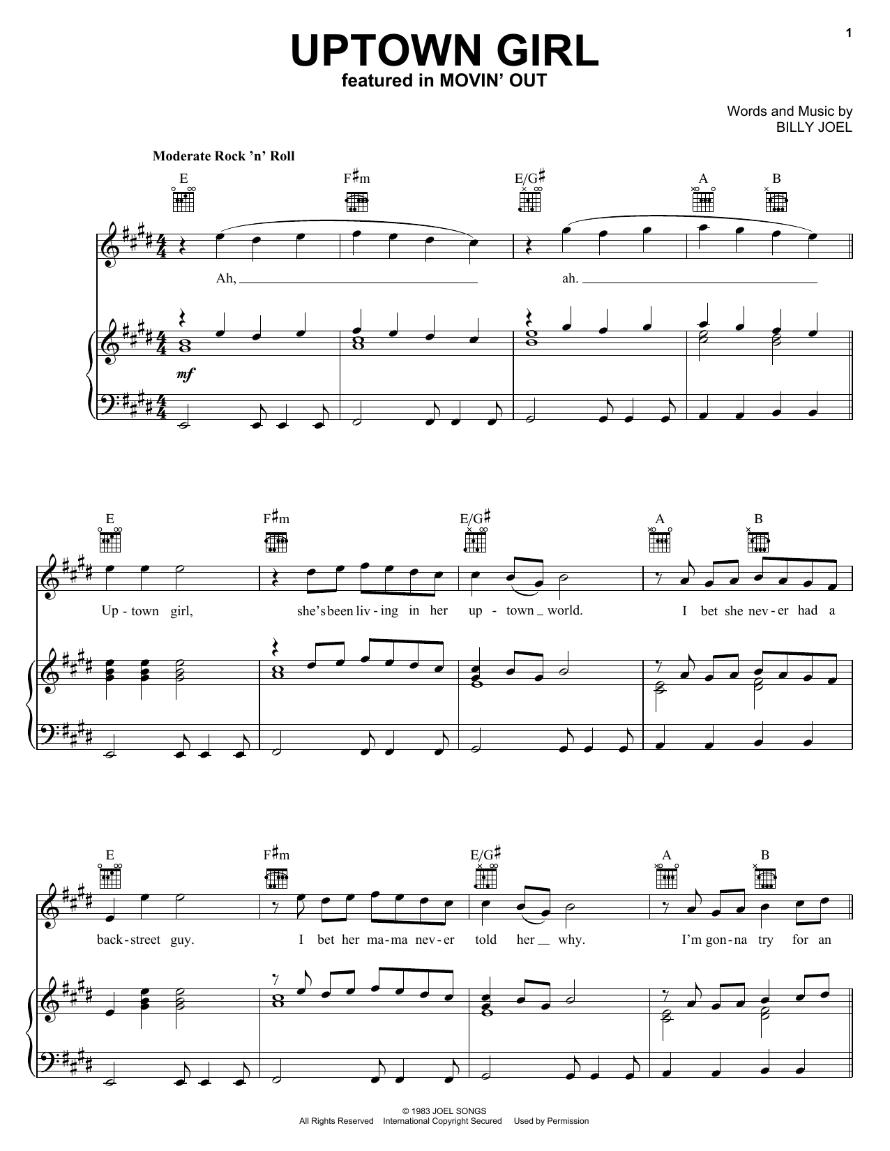Billy Joel Uptown Girl sheet music notes and chords arranged for Guitar Chords/Lyrics