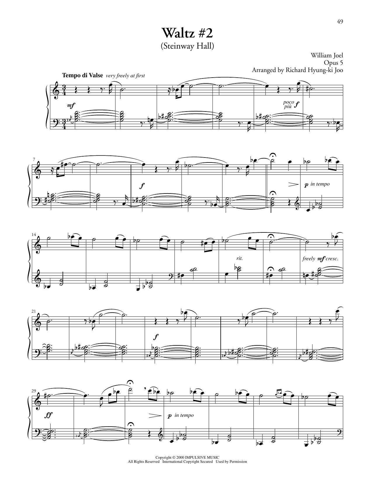 Billy Joel Waltz #2 (Steinway Hall) sheet music notes and chords arranged for Piano Solo