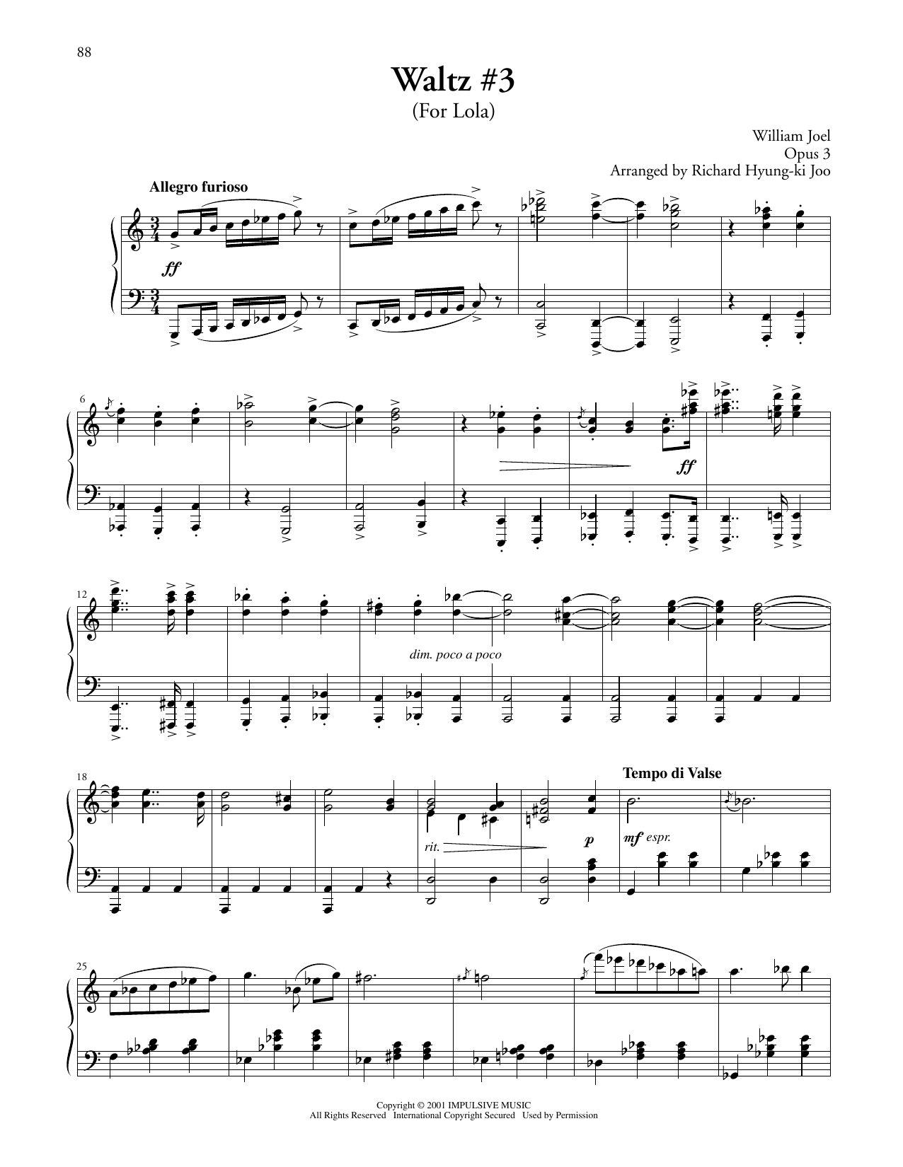 Billy Joel Waltz #3 (For Lola) sheet music notes and chords arranged for Piano Solo