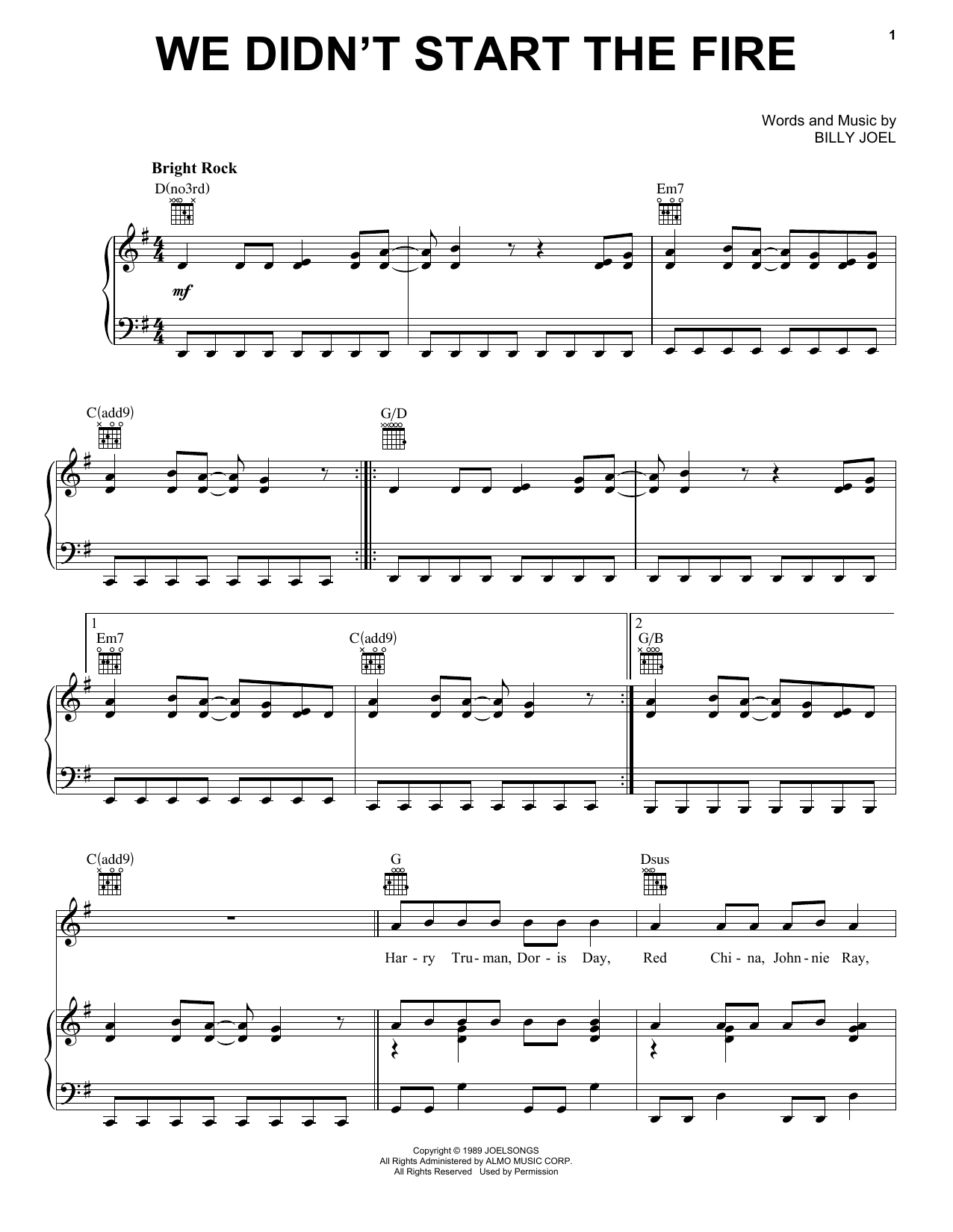 Billy Joel We Didn't Start The Fire sheet music notes and chords arranged for Piano Chords/Lyrics