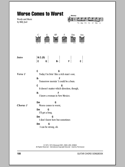 Billy Joel Worse Comes To Worst sheet music notes and chords arranged for Piano Chords/Lyrics