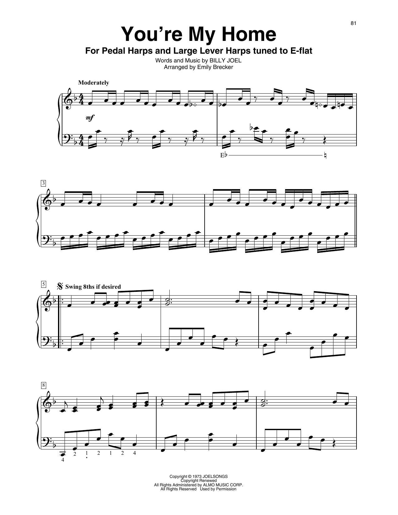 Billy Joel You're My Home (arr. Emily Brecker) sheet music notes and chords arranged for Harp