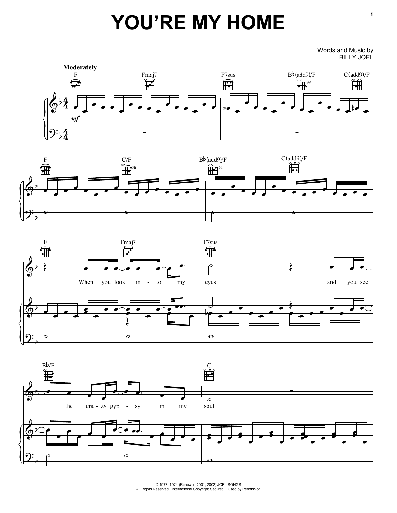Billy Joel You're My Home sheet music notes and chords arranged for Piano, Vocal & Guitar Chords (Right-Hand Melody)