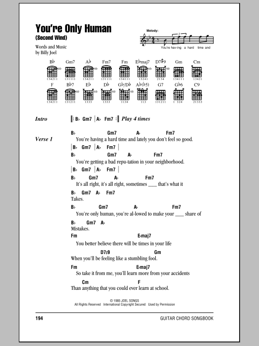 Billy Joel You're Only Human (Second Wind) sheet music notes and chords arranged for Lead Sheet / Fake Book
