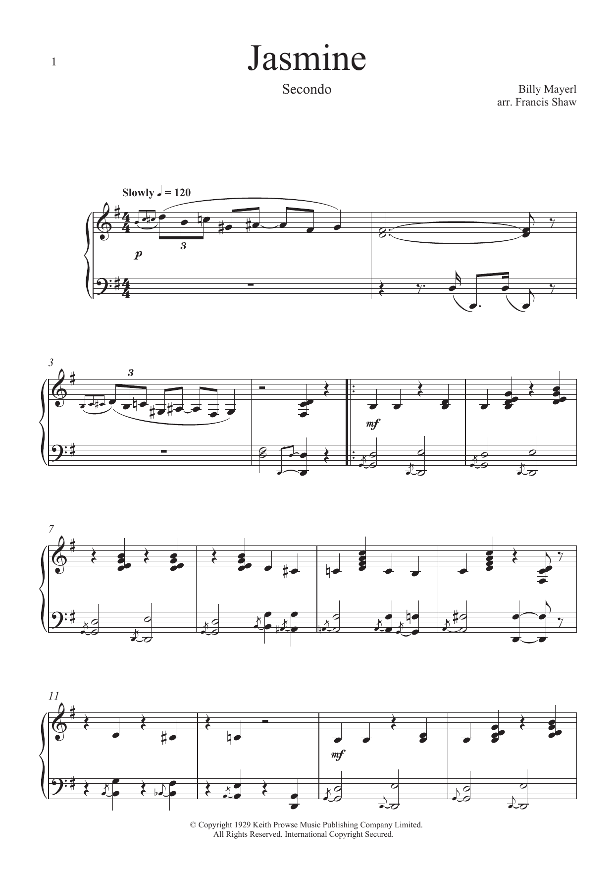 Billy Mayerl Jasmine sheet music notes and chords arranged for Piano Duet
