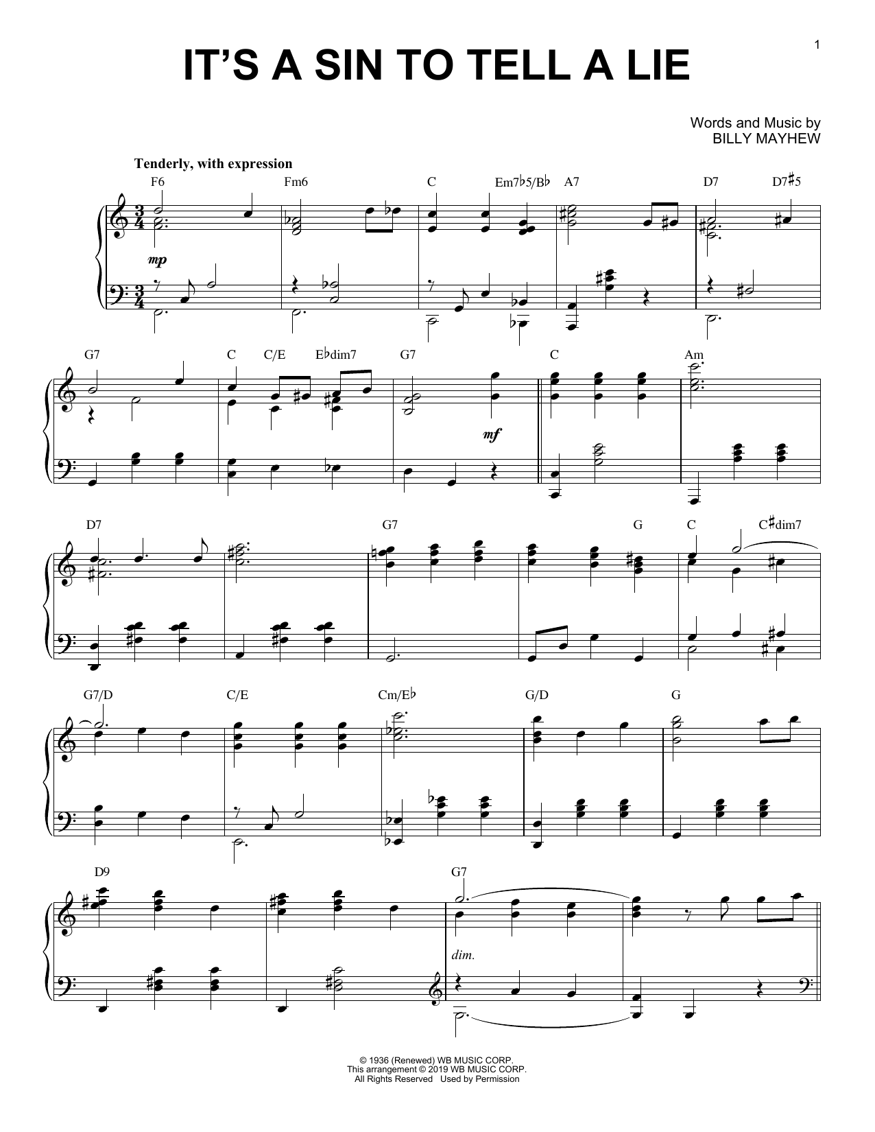 Billy Mayhew It's A Sin To Tell A Lie [Jazz version] sheet music notes and chords arranged for Piano Solo