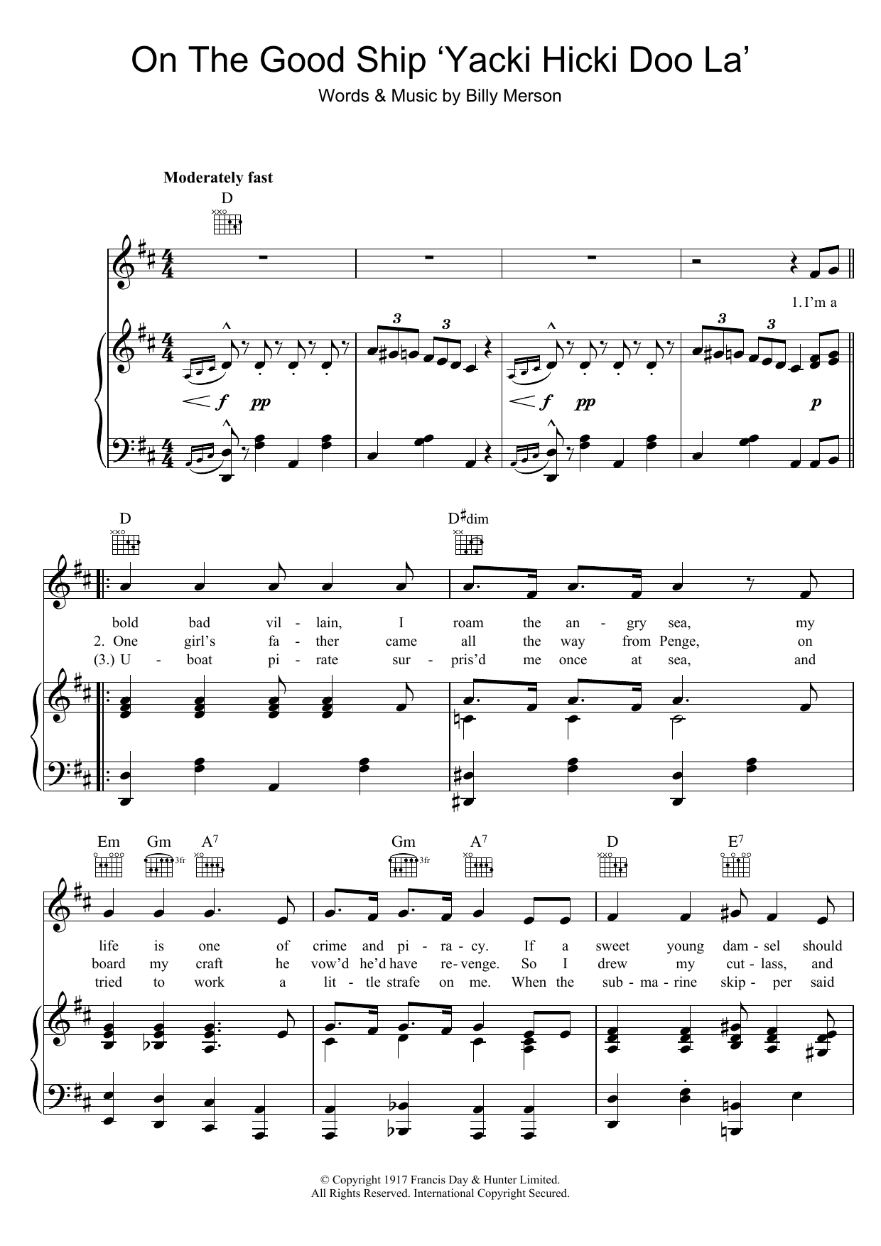 Billy Merson On The Good Ship Yacki Hicki Doo La sheet music notes and chords arranged for Piano, Vocal & Guitar Chords