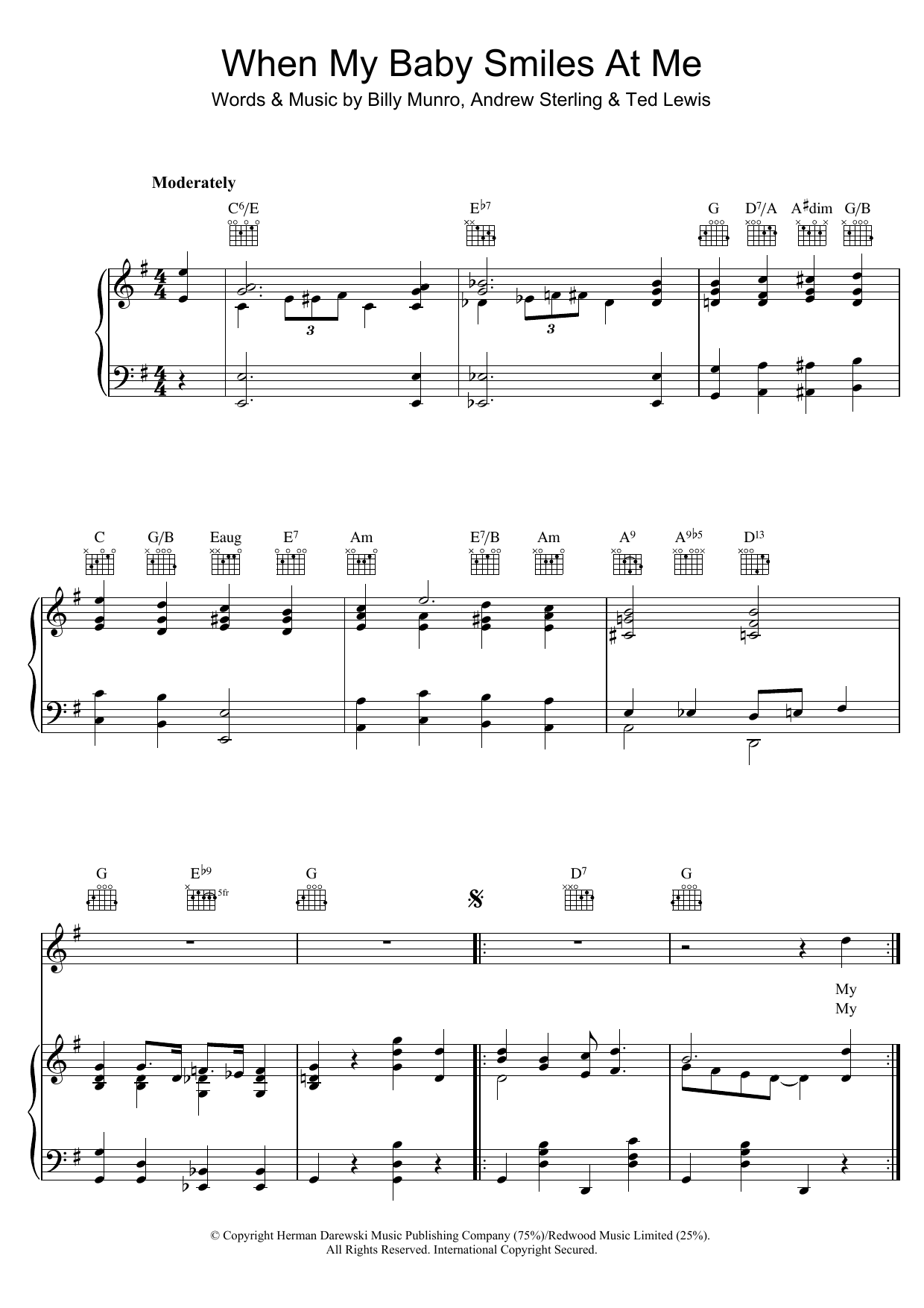 Billy Munro When My Baby Smiles At Me sheet music notes and chords arranged for Piano, Vocal & Guitar Chords
