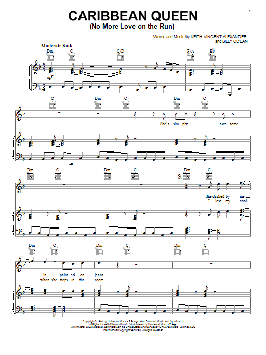 Billy Ocean Caribbean Queen (No More Love On The Run) sheet music notes and chords arranged for Trumpet Solo