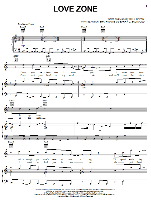 Billy Ocean Love Zone sheet music notes and chords arranged for Piano, Vocal & Guitar Chords (Right-Hand Melody)