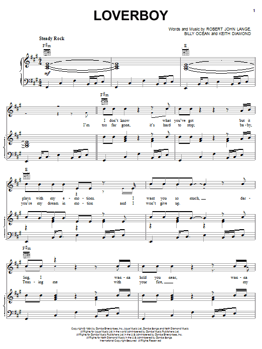 Billy Ocean Loverboy sheet music notes and chords arranged for Piano, Vocal & Guitar Chords (Right-Hand Melody)