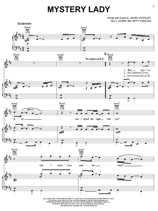 Billy Ocean Mystery Lady sheet music notes and chords arranged for Piano, Vocal & Guitar Chords (Right-Hand Melody)