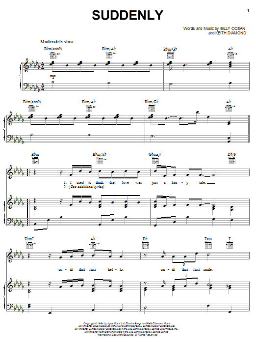 Billy Ocean Suddenly sheet music notes and chords arranged for Piano, Vocal & Guitar Chords (Right-Hand Melody)