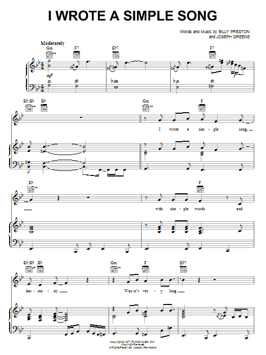 Billy Preston I Wrote A Simple Song sheet music notes and chords arranged for Piano, Vocal & Guitar Chords (Right-Hand Melody)