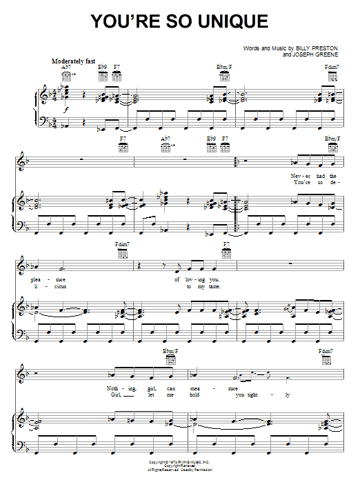 Billy Preston You're So Unique sheet music notes and chords arranged for Piano, Vocal & Guitar Chords (Right-Hand Melody)
