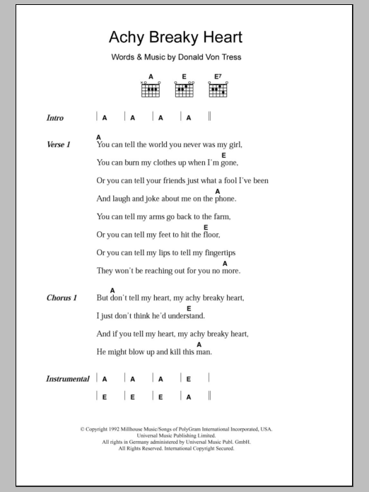 Billy Ray Cyrus Achy Breaky Heart sheet music notes and chords arranged for Guitar Chords/Lyrics