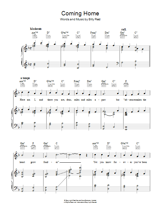 Billy Reid Coming Home sheet music notes and chords arranged for Piano, Vocal & Guitar Chords