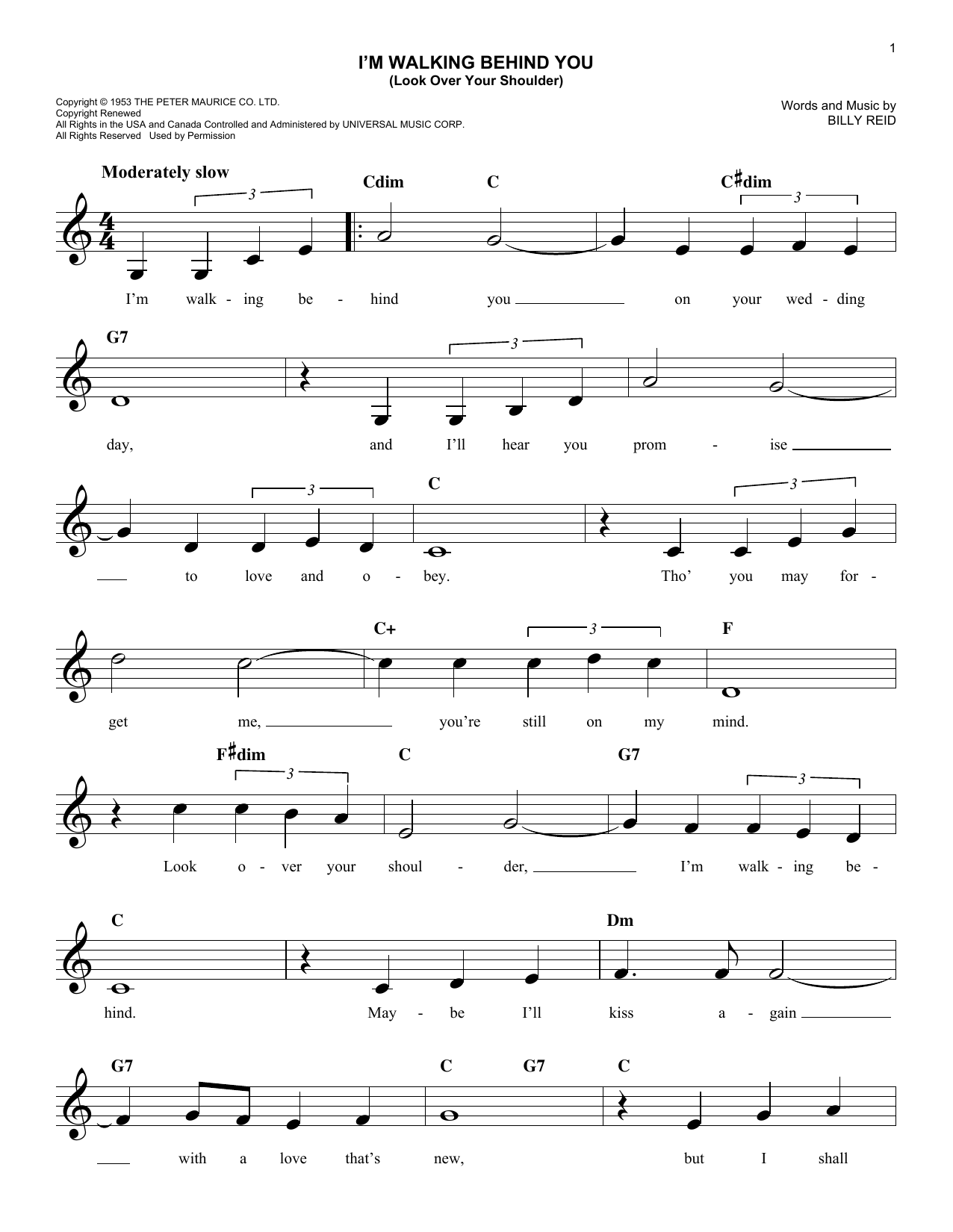 Billy Reid I'm Walking Behind You (Look Over Your Shoulder) sheet music notes and chords arranged for Lead Sheet / Fake Book