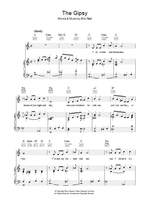 Billy Reid The Gipsy sheet music notes and chords arranged for Piano, Vocal & Guitar Chords