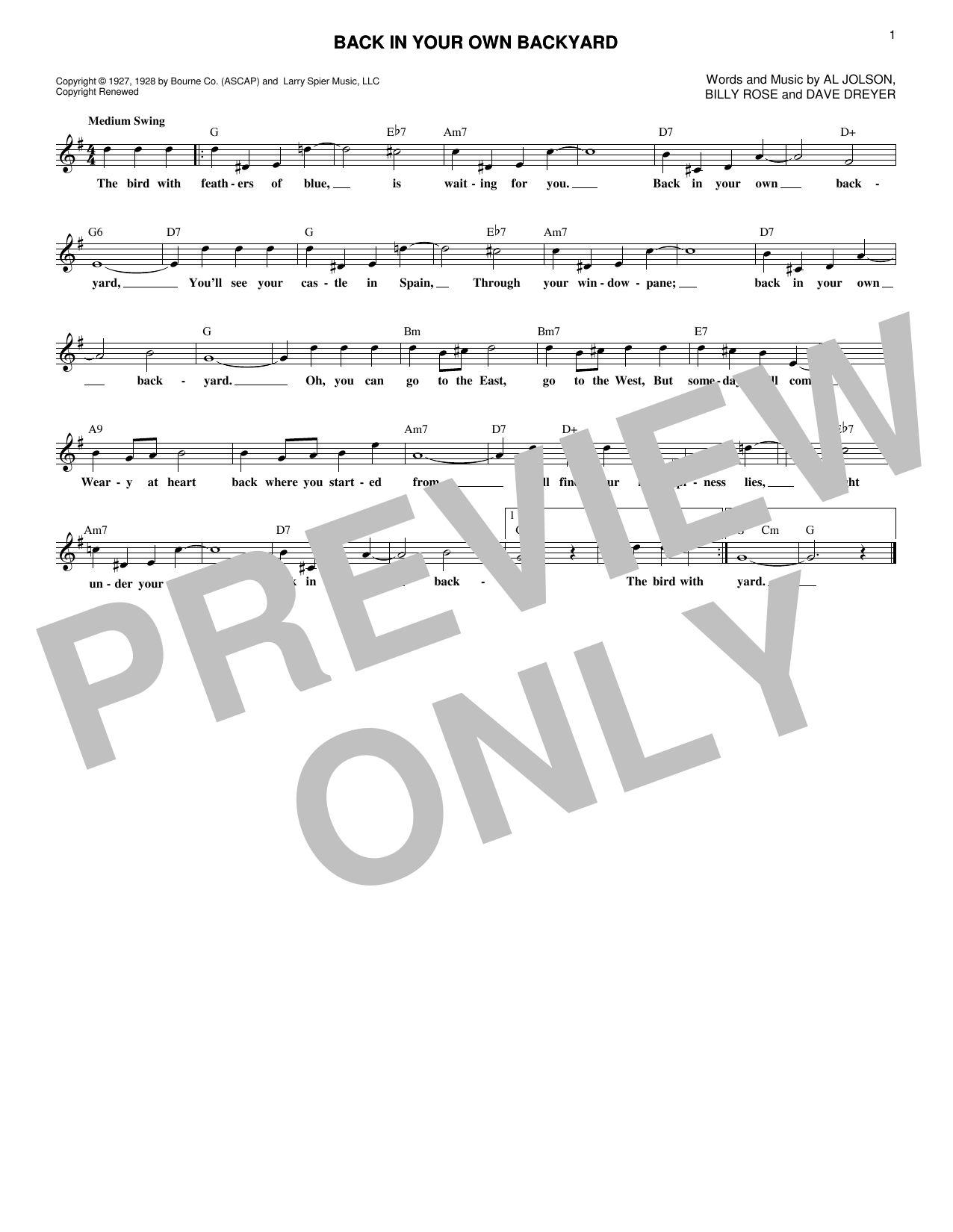 Billy Rose Back In Your Own Backyard sheet music notes and chords arranged for Lead Sheet / Fake Book