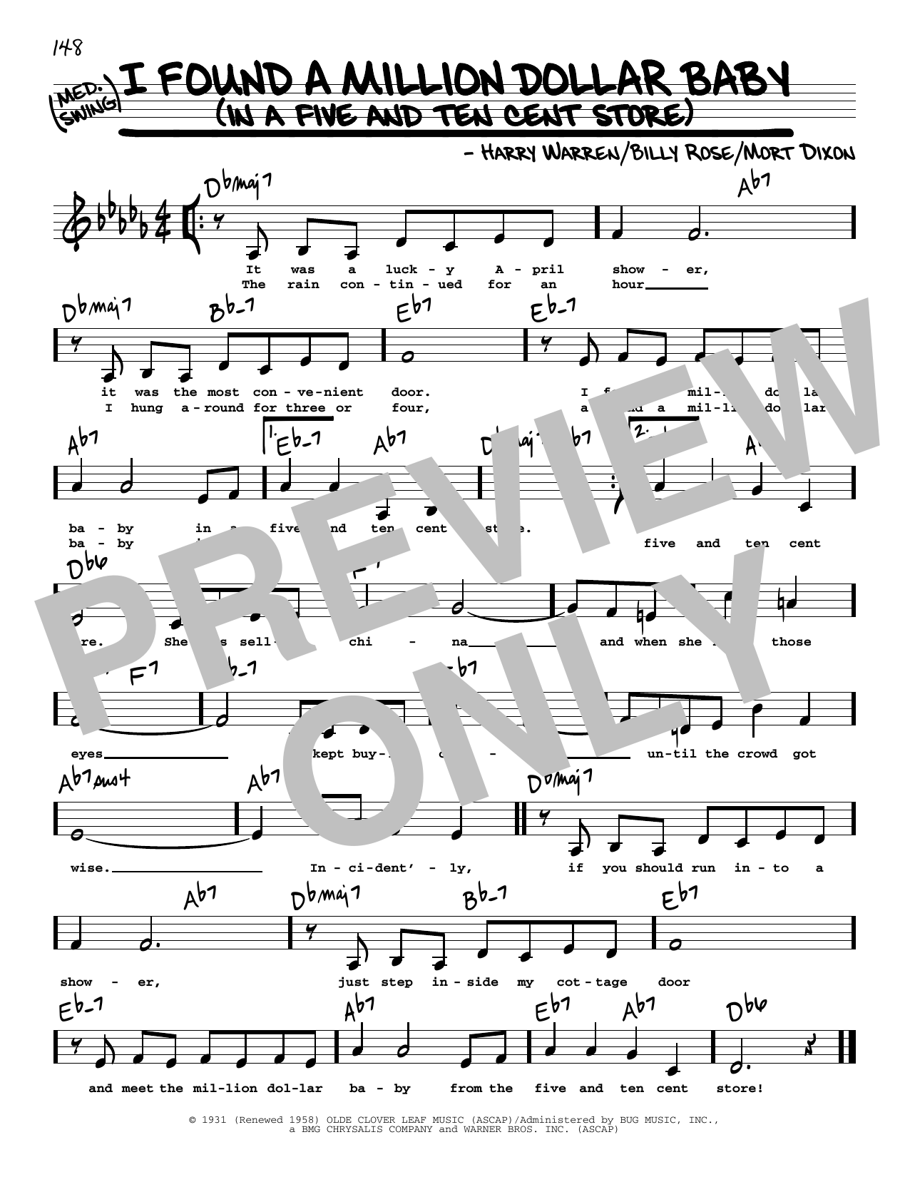 Billy Rose I Found A Million Dollar Baby (In A Five And Ten Cent Store) (Low Voice) sheet music notes and chords arranged for Real Book – Melody, Lyrics & Chords
