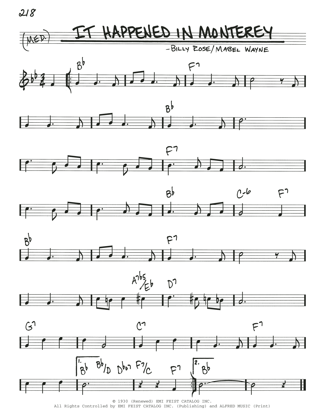 Billy Rose It Happened In Monterey sheet music notes and chords arranged for Real Book – Melody & Chords