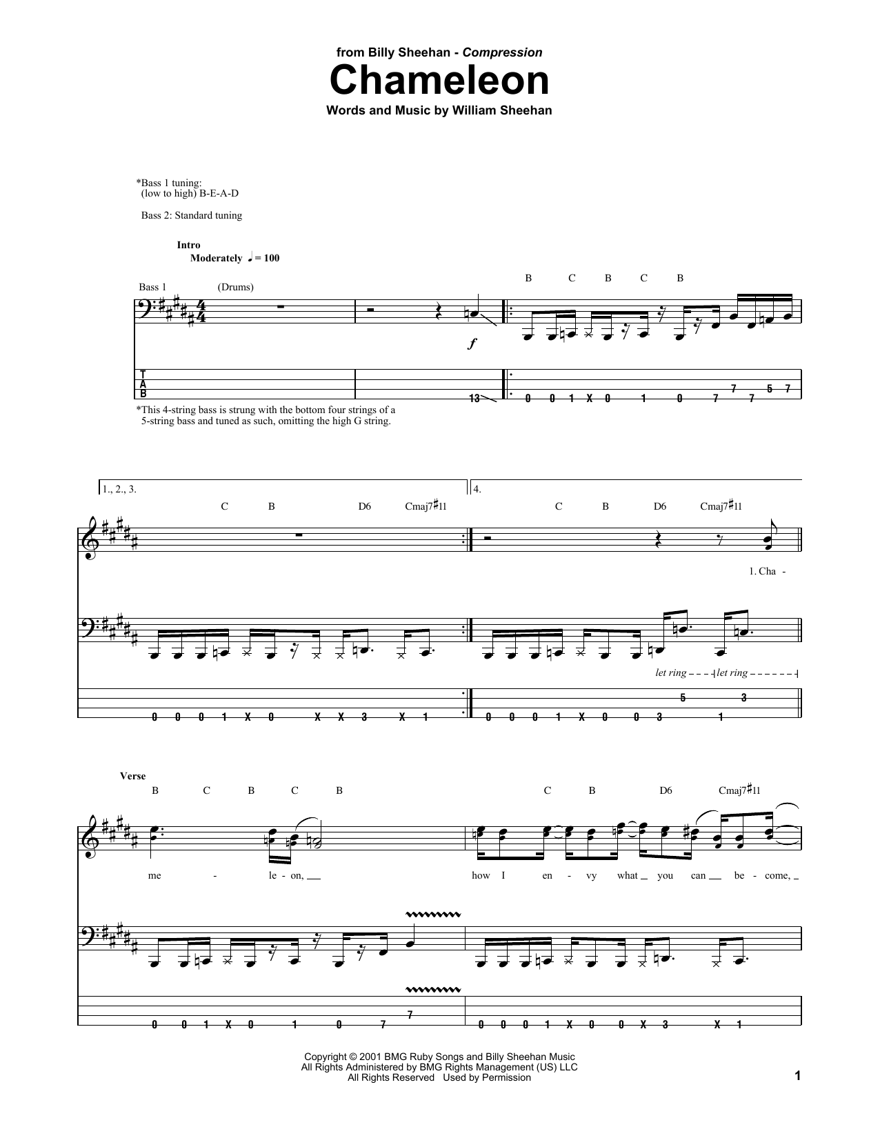Billy Sheehan Chameleon sheet music notes and chords arranged for Bass Guitar Tab